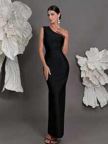 Spaghetti Strap Bandage Bodycon Dress, Sexy Open Slit Luxury Party Gown For Women, European And American Fashion, Elegant - Black - View 4