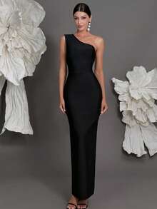 Spaghetti Strap Bandage Bodycon Dress, Sexy Open Slit Luxury Party Gown For Women, European And American Fashion, Elegant - Black - View 2