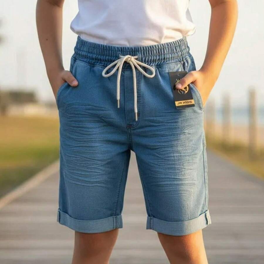 Men's Youth Denim Jogger Shorts With Elastane, Sizes 10, 12, 14 And 16 Years. - Màu xanh ngọc - Xem 1