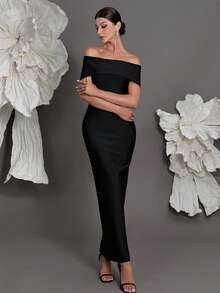 Off-Shoulder Bandage Knit Bodycon Dress, Luxury European Style, Slim Fit Pencil Dress For Family Gatherings, Parties, Banquets - Black - View 5