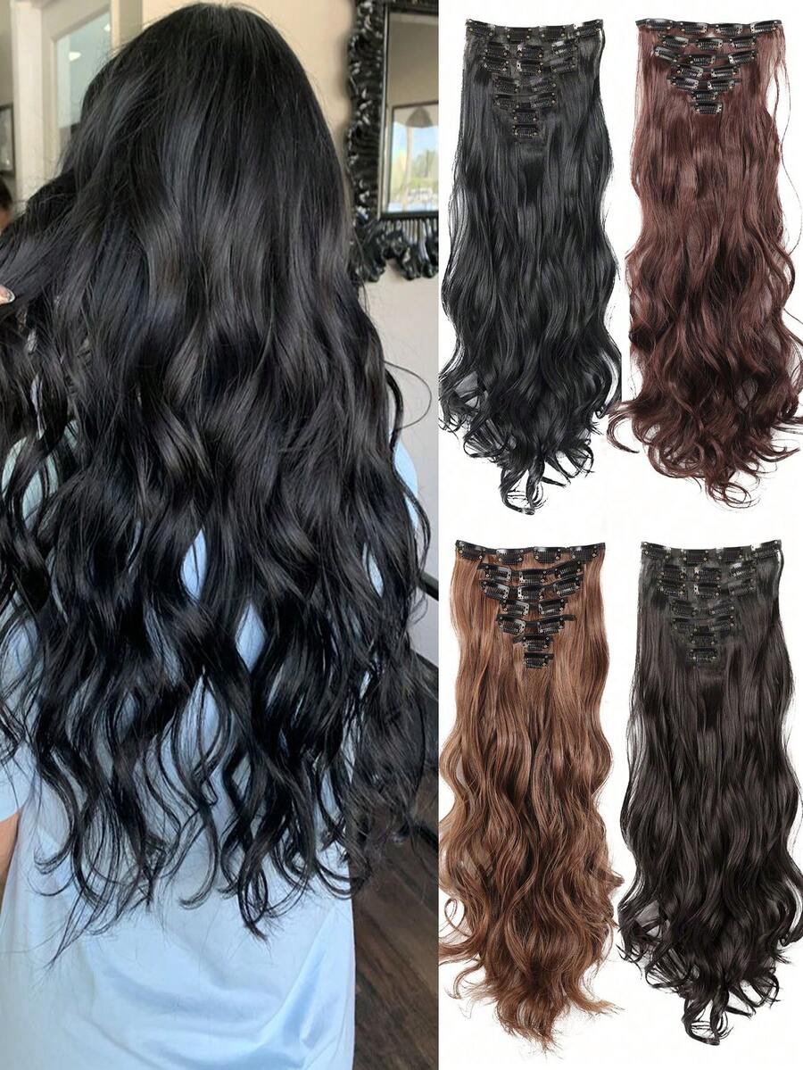 Synthetic 7Pcs/Set 16 Clips Hair Extension Black Long Wavy Hairpiece Heat Resistant Fiber For Women Daily Party Holidays Use - Multicolor - View 1