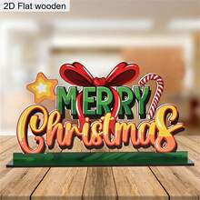 1pc 2D Flat Wooden Christmas Decoration Ornament Sign, Colorful Bow Merry Christmas Wooden Ornament Christmas Tree Pattern Antler Ornament, Holiday Table Decoration, Perfect Christmas Gift - Multicolor - View 2