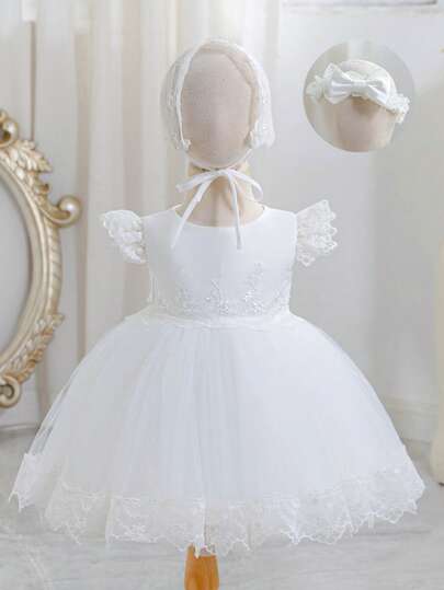 Vestido de bautizo blanco para niñas, vestido formal de encaje para fiesta de cumpleaños, falda de tul abultada