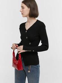 Women's Solid Color Button-Up Fitted Long Sleeve Knit Top - Black - View 3