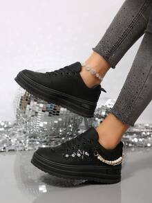 2025厚底女鞋，2025春秋新款厚底百搭厚底运动鞋，水钻钩环高跟坡跟休闲运动鞋 - 黑色 - 查看 3