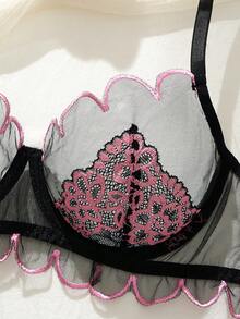 2PCS Women's Black And Pink Colorblocked Lace Floral Sexy Underwear Set, Semi-Transparent Flirty Ruffles, Cozy Home Comfort Style Lingerie Set, Perfect For Christmas Gifts