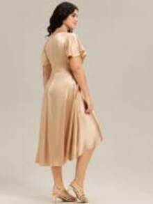 EVERPRETTY Robe mi-longue élégante en satin, design col V, manches évasées courtes, robe de demoiselle d'honneur champagne, robe pour invité de mariage, avec poches - Champagne - Voir 2