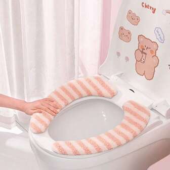 1 par de Tapa de asiento de inodoro, Alfombra adhesiva para inodoro, Cojín de inodoro a rayas de lujo y grueso, Lavable, Para uso doméstico en otoño/invierno