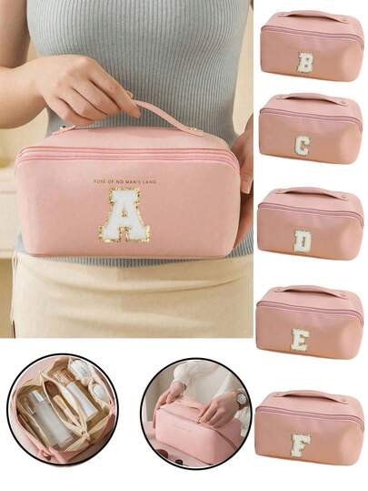 1pc Solid Color PU Leather Makeup Bag, Foil Letter Travel Cosmetic Organizer Bag, Waterproof Makeup Storage Pouch, Portable Toiletry Bag, Waterproof PU Skincare Bag, Large Capacity Double Layer Makeup Bag (With Divider)