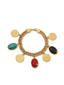 1pc Elegant Vintage Copper Alloy Gold Plated Coin & Ball Pendant Chunky Chain Bracelet, Suitable For Women Everyday Wear And Holiday Gift