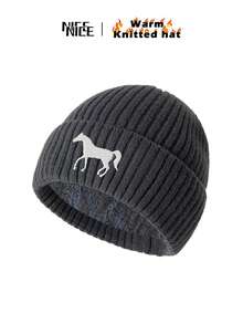 1 pieza Gorro de punto con bordado de caballo blanco para hombres, gorro unisex con forro polar cálido de estilo Y2K, gorra resistente al viento, regalo ideal para amigos y familiares, otoño/invierno
