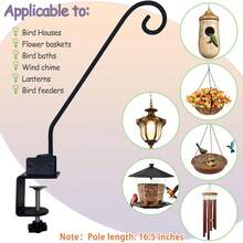 Heavy Duty Deck Hook,Courtyard Decoration,Pole 16.5"Long Metal Deck Railing Hooks For Hanging Bird Feeders,Planters,Suet Baskets,Lanterns,Wind Chimes,Clamp Mounted,Under 15 LBS - 黑色 - 查看 9