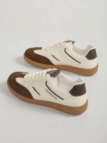 女士多功能时尚休闲鞋，平底防滑系带圆头橡胶底休闲运动鞋，黑卡其色拼接，日常穿着鞋，休闲鞋，尺码36-41，时尚德国训练鞋，白灰色 - 棕色 - 查看 2