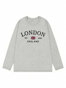 Women's Autumn/Winter New Simple Fashion London Letter & National Flag Print Casual Round Neck Light Gray Long Sleeve T-Shirt, Versatile & Suitable For Daily Wear - Light Gray - View 8