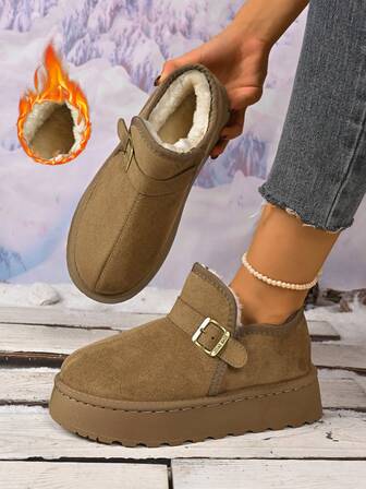 Cute Bohemian Style Buckle Design, New Fashionable Explosion Model Women Plus Size Snow Boots, Fluffy Slippers For Autumn/Winter Outdoor Indoor Wear, Thick Sole Warm Cross-Border Furry Boots