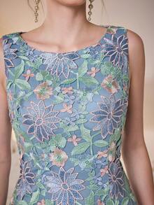 Mgiacy-Pop, Hàng mới về, Đầm dạ hội ngắn cao cấp cổ tròn, ren thêu không tay, DÀNH CHO, Đám cưới dạ hội, Đầm dự tiệc, Đầm khách dự tiệc cưới, Đầm dạ hội - Màu xanh lam - Xem 1