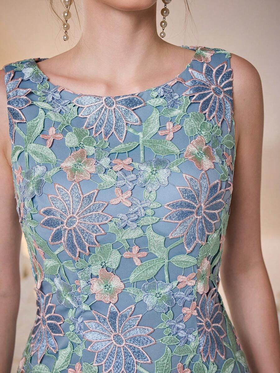 Mgiacy-Pop, Hàng mới về, Đầm dạ hội ngắn cao cấp cổ tròn, ren thêu không tay, DÀNH CHO, Đám cưới dạ hội, Đầm dự tiệc, Đầm khách dự tiệc cưới, Đầm dạ hội - Màu xanh lam - Xem 1