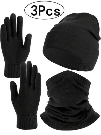 Winter Beanie Mütze + Halstuch + Touchscreen Handschuhe Set, weich gestrickte Mütze, dehnbare Handschuhe, warme Schädelmütze Set für Frauen Männer als Geschenk, Winter Beanie Mütze, Halswärmer für kaltes Wetter, unisex, warme Winter dehnbare Strickhandschuhe und Mütze