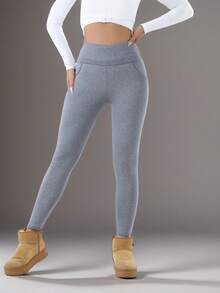 女士高腰保暖打底裤 - 弹力加厚，保暖舒适，适合冬季穿着，配有弹性腰带和口袋，休闲舒适 | 时尚冬季裤装 | 保暖打底裤 - 淺灰色 - 查看 5