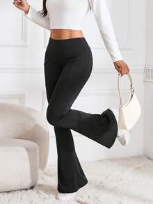 Pantalones de pierna acampanada con control de abdomen y bolsillos para mujer - Forro polar cálido, elástico cómodo, que estiliza la figura, para usar desde el entrenamiento hasta el trabajo, con estilo casual (otoño e invierno)