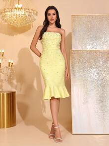 New Luxury High-End Metallic Embroidered Handmade Nail Art Beaded Sexy Strapless Patchwork Ruffle Midi Dress, Bridesmaid Formal Gown For Wedding, Birthday Party - Yellow - View 4