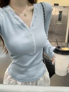 Women's Autumn/Winter Half-Open Collar Button Lace Patchwork 2 In 1 Long Sleeve T-Shirt