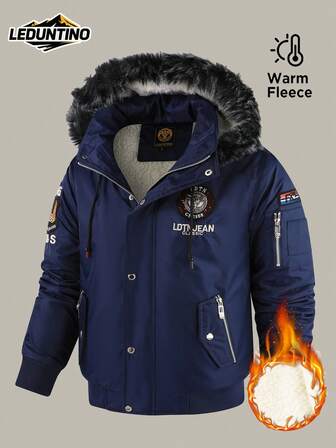 LEDUNTINO Men's Thick Warm Hooded Jacket For Autumn/Winter, Multi-Pocket Design With Letter Embroidery And Icons, Fully Lined For Warmth, Ideal Outdoor Wear