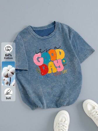 Camiseta retro diaria para damas, impresa con letras de colores, pequeñas flores y patrones de ramas y hojas, camiseta de manga corta y cuello redondo casual, ropa de uso diario en el hogar, adecuada para el verano en casa y viajes, textura lavada, camiseta con estampado gráfico