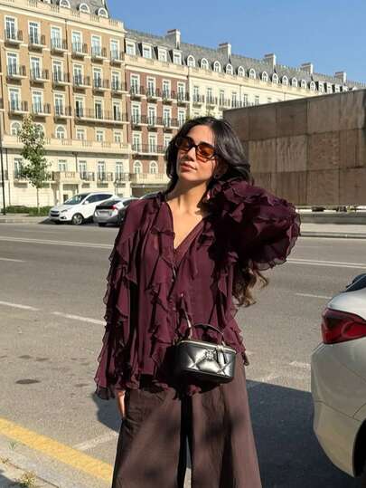 GMFP Women's Fall Casual Elegant Oversized Fashion Solid Color New Year/Christmas Long-Sleeve Layered Ruffled Decorative Party Shirt