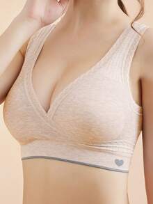 1pc Apricot Maternity Bra, Crossover Lace Trim Seamless Nursing Bra - Apricot - View 3