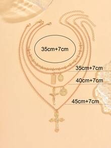 4pcs Vintage Metal Geometric Round Pendant Multilayer Necklace Set, Women Punk Style Cross Pendant Necklace Set, Suitable For Halloween Wear - Cross - View 4