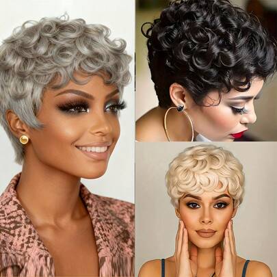 女士 180% 密度真人发质精灵短发假发，带刘海 - 15.24 厘米蓬松卷曲短波浪发，机器制造玫瑰色，适合日常佩戴、派对、万圣节和轻松佩戴（灰色调，无需维护） - 适合所有米色