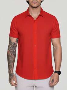 Linen Shirt Short Sleeve Formal Summer Fresh Italian Collar Elegant In Visco-Linen - Red - View 2