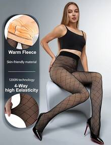 Fleece Lined Sheer Warm Pantyhose Leggings Translucent Thermal Winter Thick Tights Dresses, Women's Style 5FUO - 魚網 - 查看 9