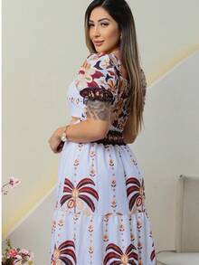 Elegant Long Women's Dress With Print And Short Sleeves - Camel - Ver 3