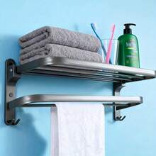 1 Pc Bathroom Towel Rack, No-Drill Wall Mounted Towel Holder, Foldable Bathroom Storage Shelf, Bathroom Accessories, Room Decor - Multicolor - View 9