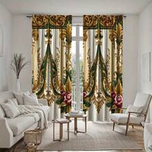 2 buc perdele de lux cu model floral auriu și verde, perdele în stil american, perdele imprimate din fibră de poliester, potrivite pentru camere de zi, perdele lavabile la mașină, perdele cu buzunare la bară