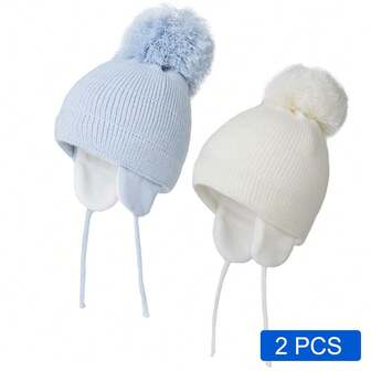 2 PCS Winter Warm Knitted Baby Hats For Girls Pom Pom Kid Toddler Boys Beanies Cap With Thermal Lined