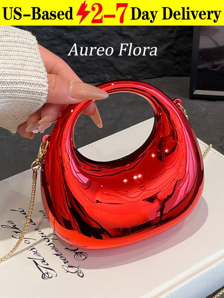 Mirror Acrylic Crescent Moon Box Handbag, Oversized Crescent Bag, Fashion Versatile Chain Shoulder/Crossbody Purse, Phone, Lipstick, Earphone Storage, Valentine's Day Gift, Comfortable And Fashionable, Stylish Handbag, Personalized Gift Choice, 2025 Accessory, Fashionable Style Suitable For All Occasions, Affordable Luxury Feel, Rebellious Party Bag, Perfectly Suitable For Parties, Weddings, Balls, Dinners/Banquets, Elegant Ladies Bag, Party Bags,Perfect For Party Wedding Prom Dinner/Banquet Matching With Holiday Party Dress Evening Dress & Sequin Dress Can Be Used As Valentine's Day, Thanksgiving, Halloween,Christmas Gift. - 紅色 - 查看 1