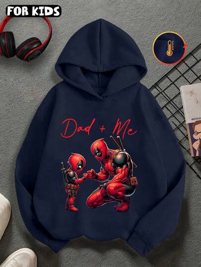 Marvel Youth/Children's Deadpool And Little Deadpool Fist-Bumping Pattern, "Dad And Me" Lettering Print, Dropped Shoulder Sweatshirt Sweatshirt Oversize Casual Versatile Loose Long-Sleeved Top