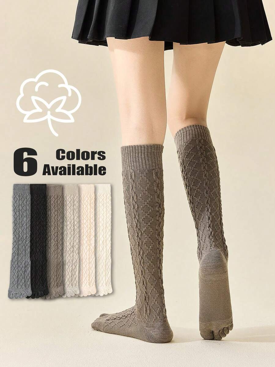 1/3/6 Pairs Women Solid Color Two-Toe Socks, Five-Finger Socks, Autumn/Winter Merino Color Versatile Mid-Calf Socks, Women Diamond Grid Toe Socks - Multicolor - View 1