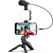 Phone Holder With Tripod, Portable Vlog Kit Ideal For Streaming, Filming And Video Recording, Including Photography Lighting Equipment For Vlogging - Black - View 10