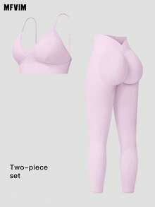 Bộ đồ thể thao nữ MFVIM gồm áo ngực thể thao không đường may, co giãn và quần legging cạp cao, ôm sát, định hình vòng ba, thoáng khí và thoải mái, lý tưởng cho tập luyện, chạy bộ, đạp xe, yoga, pilates và tập gym. - Hồng - Xem 2