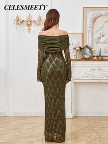 Olive Green Elegant Maxi Long Sleeve Dresses Off The Shoulder Sequin Evening Prom Dress For Christmas, Party, Wedding - Olive Green - View 3