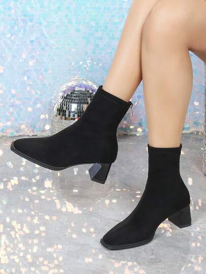 Fall/Winter Women's Black Ankle Boots, 6cm High Heel, Elastic Slim Fit, Comfortable And Fashionable Boots With Chunky Block Heel