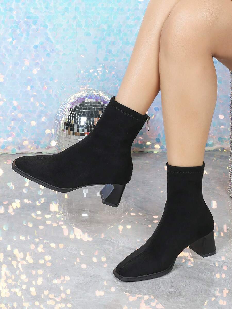 Sepatu Bot Ankle Wanita Hitam Musim Gugur/Dingin, Hak Tinggi 6cm, Pas Ramping Elastis, Sepatu Bot Nyaman dan Modis dengan Hak Blok Tebal - Hitam - View 1