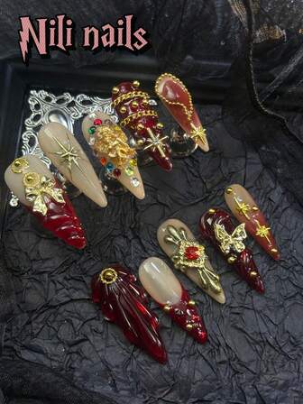 10 件长细高跟手工可穿戴指甲按压指甲，秋冬美甲用品，红色法式尖头指甲，渐变指甲，手绘星空 3D 蝴蝶视频、蝴蝶结、天使和钢球链设计 3D 水滴设计适合返校、可爱、新年和圣诞节使用，适合女性和女孩度假，含 1 个果冻垫和 1 个指甲锉
