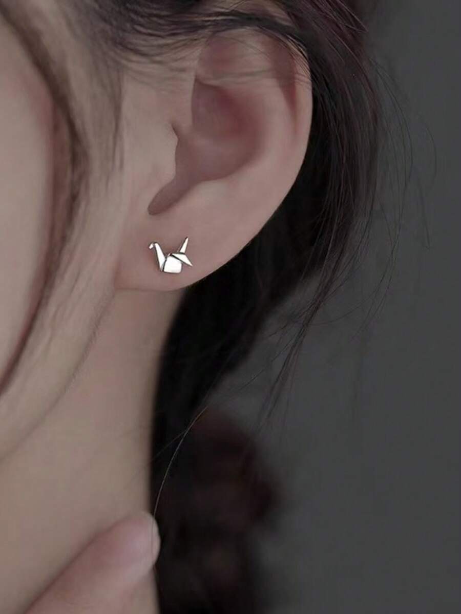 1 Pair Origami Crane Stud Earrings, Silvery-Plated Simple Fashion Accessory, Ears Decoration