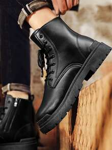 New High-Top Fashion Men's Boots, Lace-Up Leather Upper With Side Zipper Design, Thick Sole, Anti-Slip, Suitable For Outdoor, Hiking, Work, Snow Boots