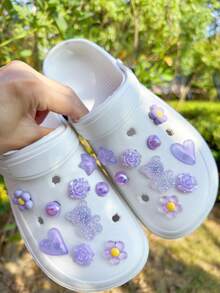 18pcs Purple Bear, Rose, Heart, Flower, Pentagram Detachable Decorative Accessories, Suitable For Sandals, Clogs, Garden Shoes, Beach Shoes, All Season, Great Holiday Gift